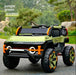 Children's off-road vehicle in jungle green color on a road with greenery in the background.