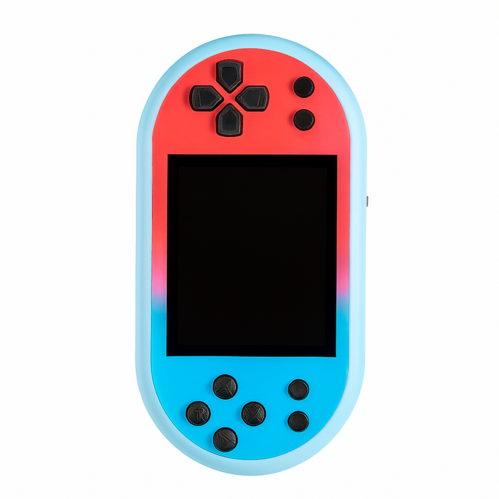 Handheld gaming console with red top and blue bottom on a white background