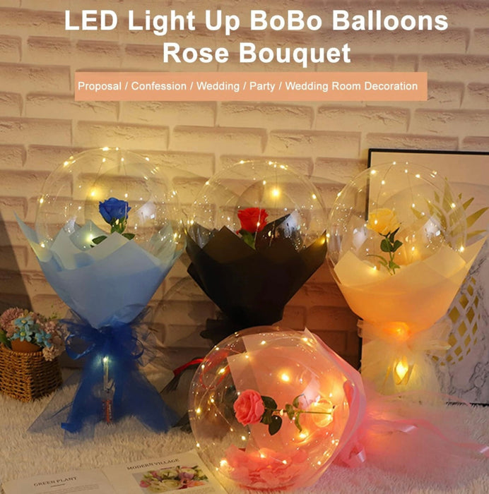 LED light-up BoBo balloons shaped like rose bouquets on a textured wall background.