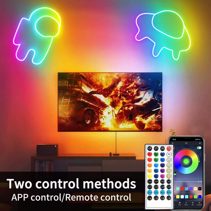Neon lights with app control and remote control devices on a screen.