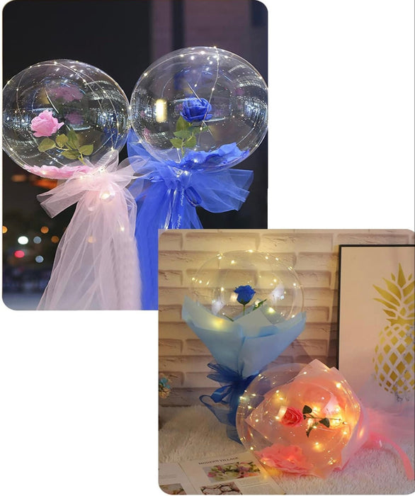 Collage of decorative balloons with flowers and lights, one on a blurred night street scene.