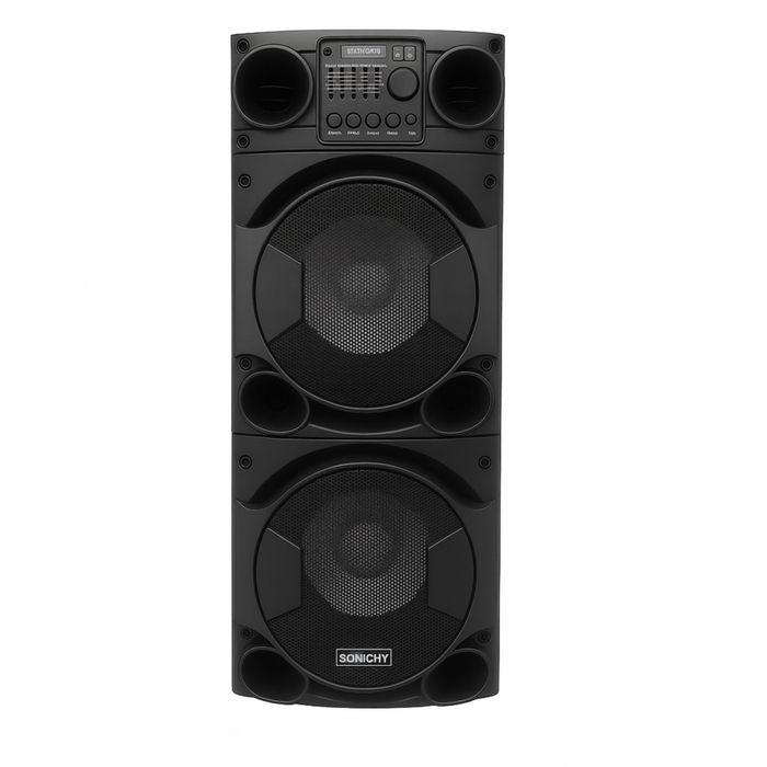 Black speaker with visible brand logo on a white background