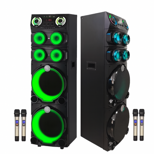 Pair of black speakers with green lights and four microphones on a white background