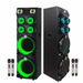 Pair of black speakers with green lights and four microphones on a white background