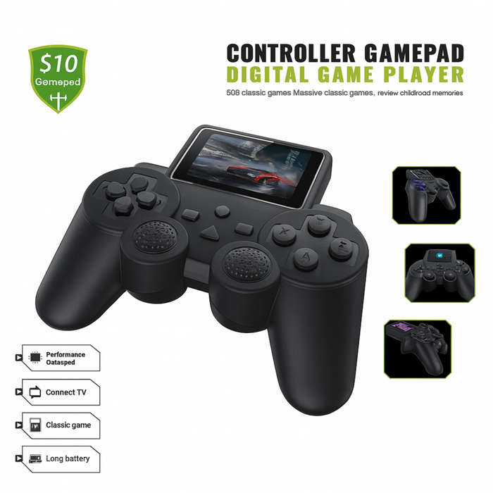 Black game controller with digital display on a white background