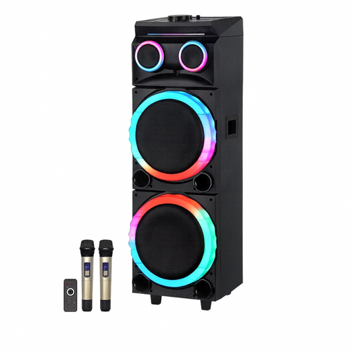 Black speaker with RGB lighting效果, two microphones, and a remote control on a white background