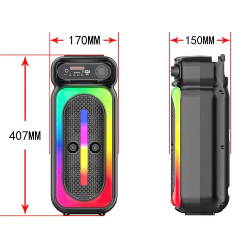 Measurement chart of a portable speaker with dimensions labeled.