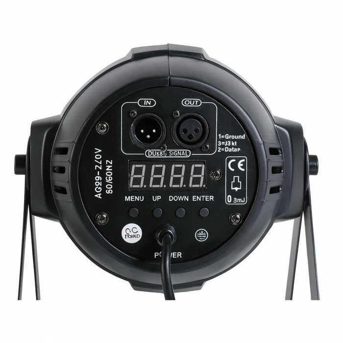 Black electronic device with digital display and various connectors on a white background
