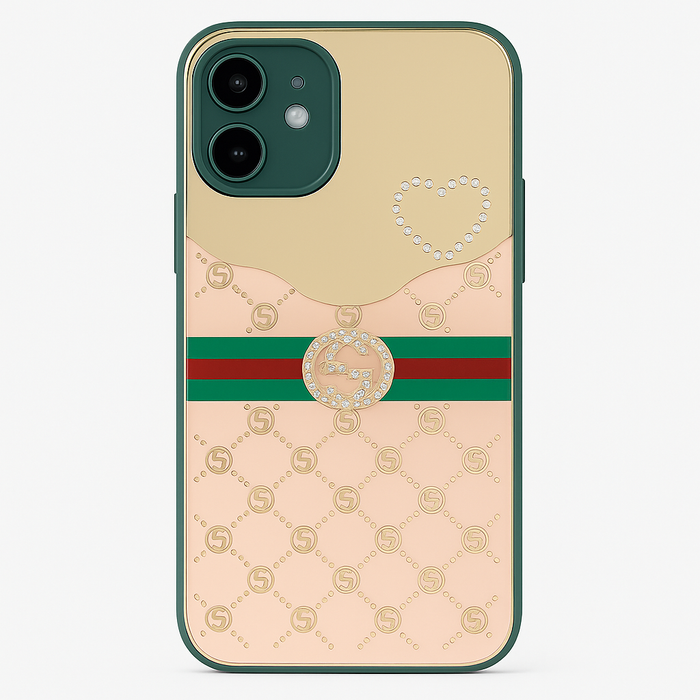 iPhone 12 Designer Mirror Case – Rhinestone Blush & Green Duo