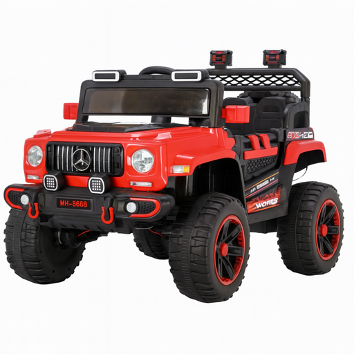 Red toy jeep with black details on a white background
