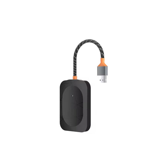 Black wireless charging pad with a cable on a white background