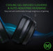 Gaming headset with cooling gel-infused cushions and auto-adjusting headband on a dark background