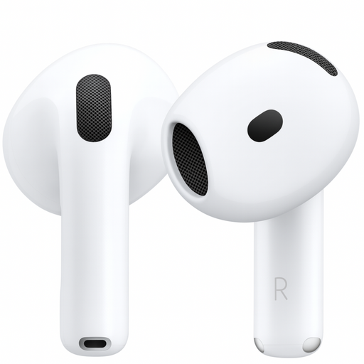 White wireless earbuds with black accents on a white background