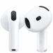 White wireless earbuds with black accents on a white background
