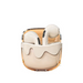 Beige wireless earbuds in a transparent case on a white background