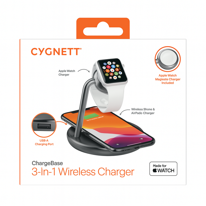 Cygnett ChargeBase 3-in-1 Wireless Charger – MagSafe-Compatible for iPhone, Apple Watch, and More