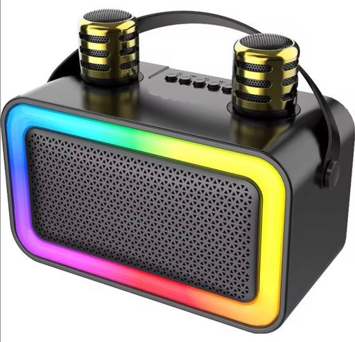 Black portable speaker with gold microphones and colorful LED lighting on a white background