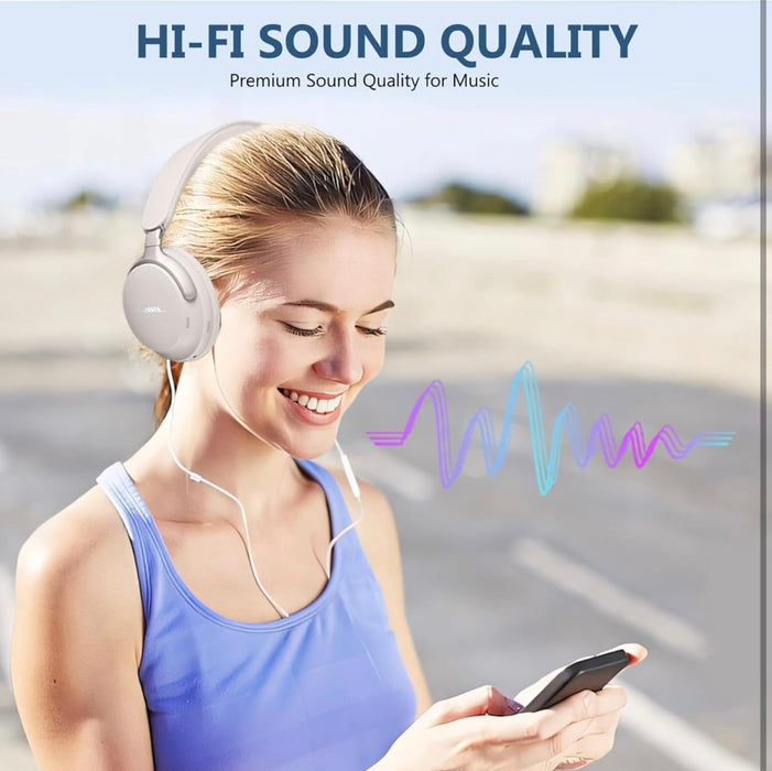 Woman wearing headphones and using a phone with 'HI-FI SOUND QUALITY' text above her.