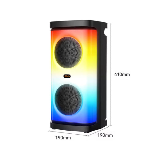 Multicolored portable speaker with dimensions on a white background