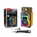 Mini speaker with colorful LED lights, microphone, and packaging on a white background