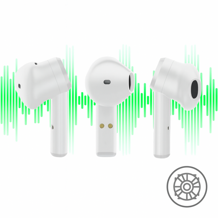 White wireless earbuds with a green sound wave graphic on a white background