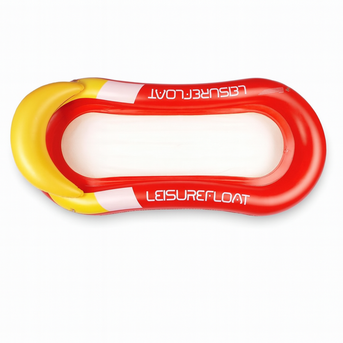 Inflatable pool float with red and yellow design on a white background