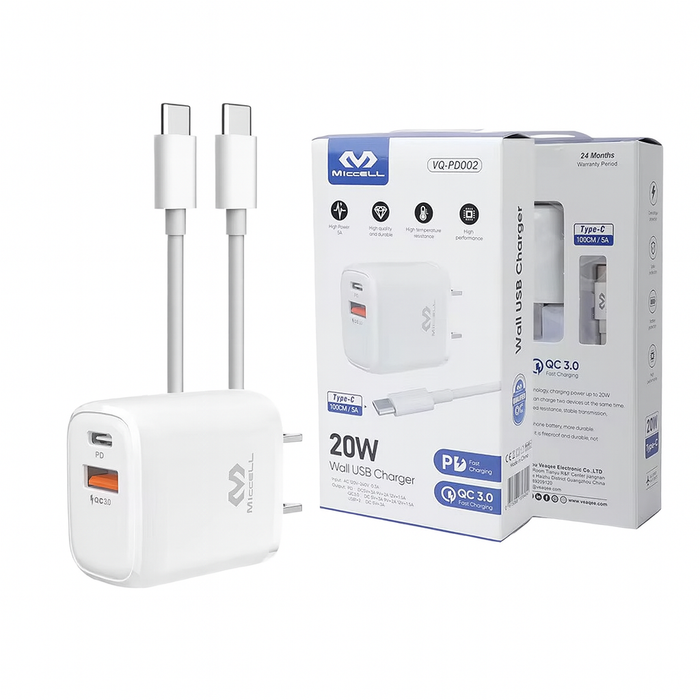 Miccell 20W Wall USB Charger – Type-C PD + QC 3.0 Fast Charging Adapter