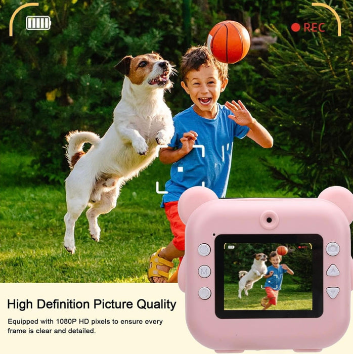 Child and dog playing with a basketball in a grassy area, with a pink camera showing a video of the scene.
