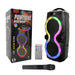 Portable speaker with colorful LED lights, remote control, and microphone on a white background