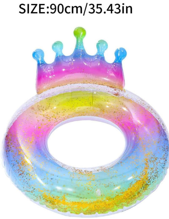 Colorful inflatable ring with a crown design on a white background