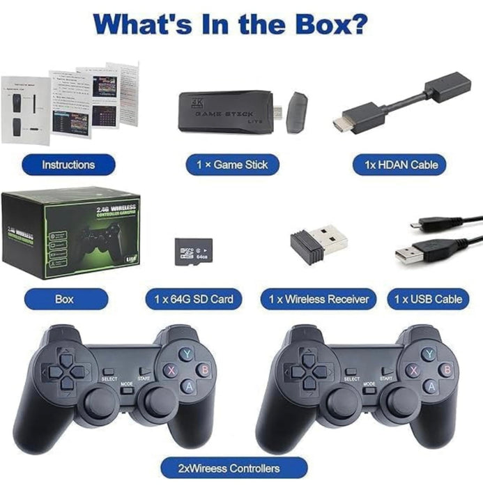 List of items included in a gaming console package with controllers, cables, and accessories.