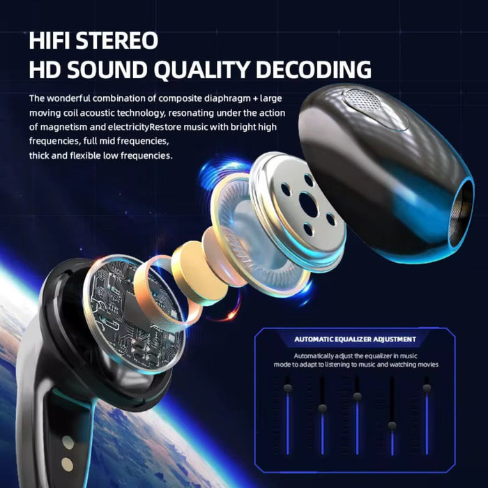 HIFI stereo earbuds with sound quality decoding technology on a space-themed background