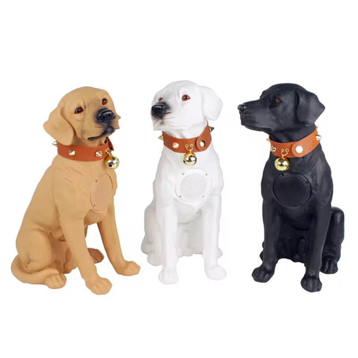 Three dog-shaped speakers in brown, white, and black on a white background