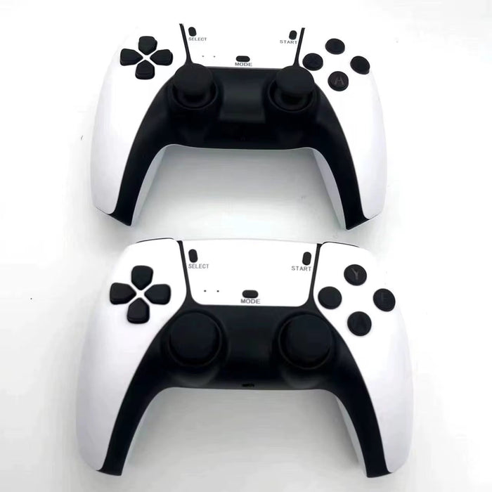 Two black and white gaming controllers on a white background