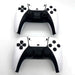 Two black and white gaming controllers on a white background