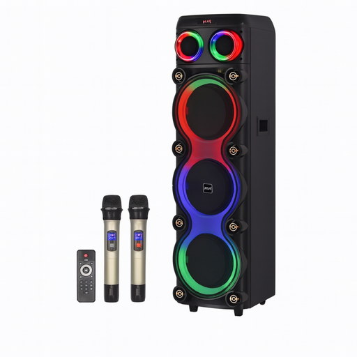 Black speaker with RGB lighting, two microphones, and a remote control on a white background
