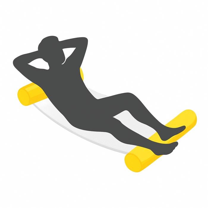 Black silhouette of a person lying on a yellow and white surfboard against a white background