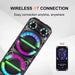Multicolored Bluetooth speaker with smartphone app interface on a white background
