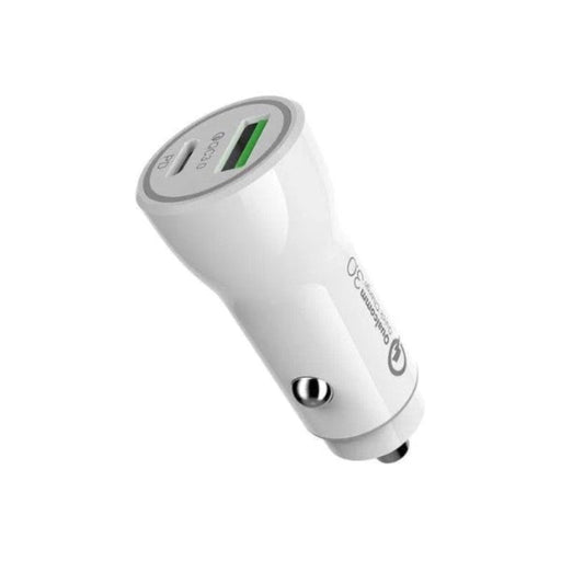 White car charger with USB port on a white background