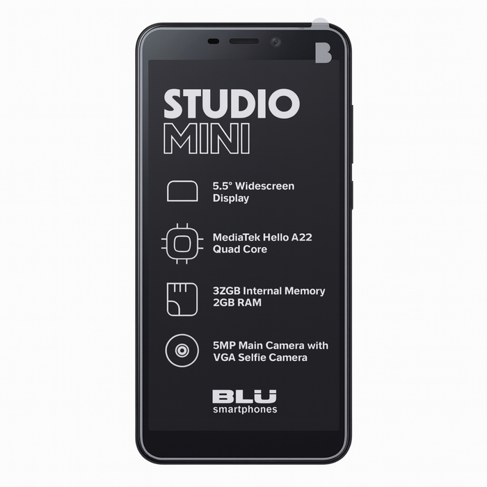 Black smartphone with white text detailing specifications on a white background