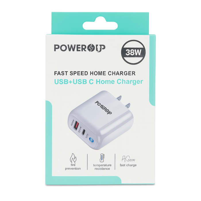 POWERUP 38W Fast Speed USB + USB-C Home Charger – Dual Port Wall Adapter