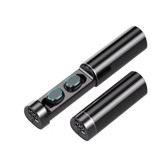 Black wireless earbuds with charging case on a white background