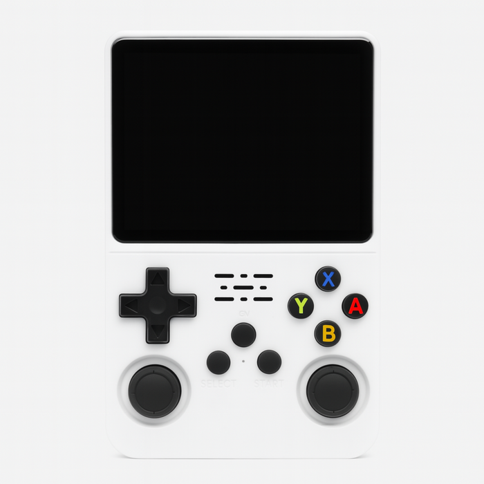 Handheld gaming console with black screen and colorful buttons on a white background
