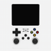Handheld gaming console with black screen and colorful buttons on a white background