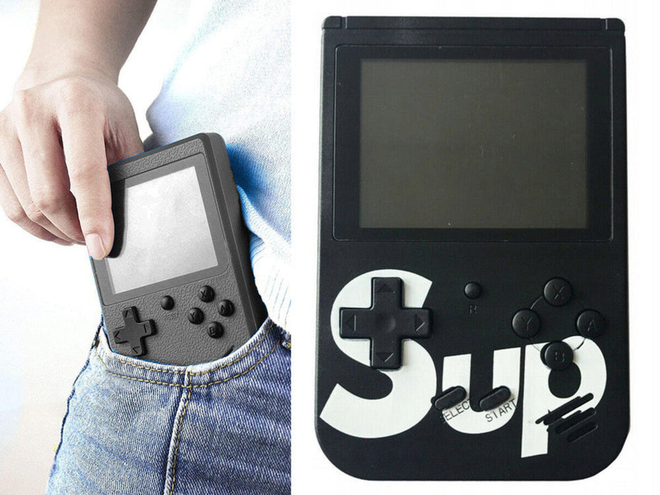Handheld gaming console with 'Sup' logo held in a pocket