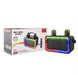 Multimedia speaker with rainbow LED lights next to its packaging on a white background