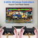 Two hands holding wireless controllers in front of a screen displaying a video game, with text about 2.4GHz wireless controllers and two-player support.