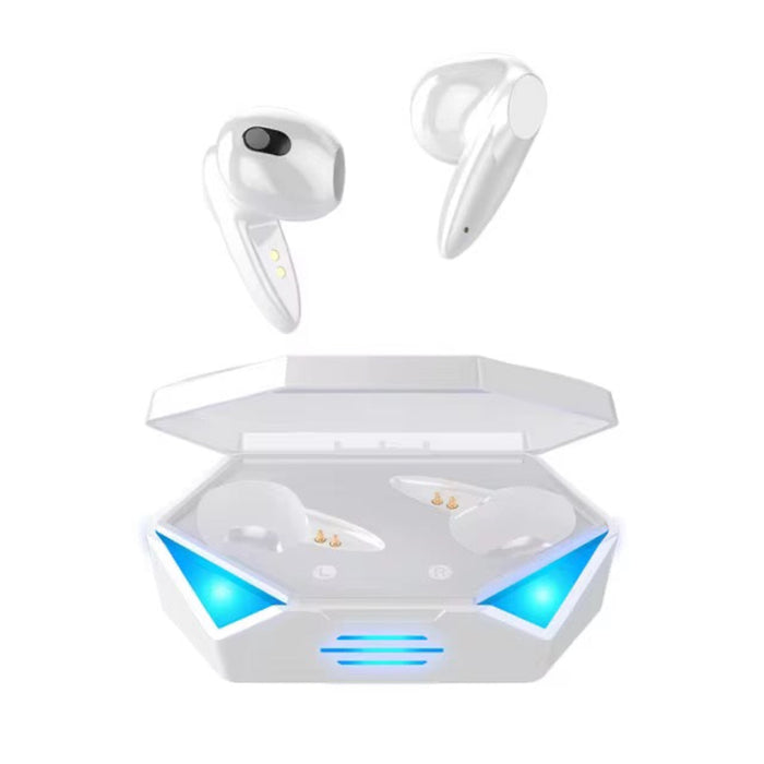 Wireless earbuds with charging case on a white background