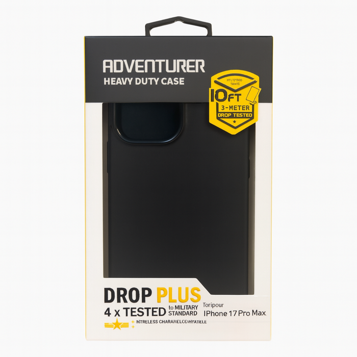 Black phone case packaging with 'Adventurer Heavy Duty Case' label on a white background