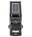 Black portable speaker with solar panel on a white background